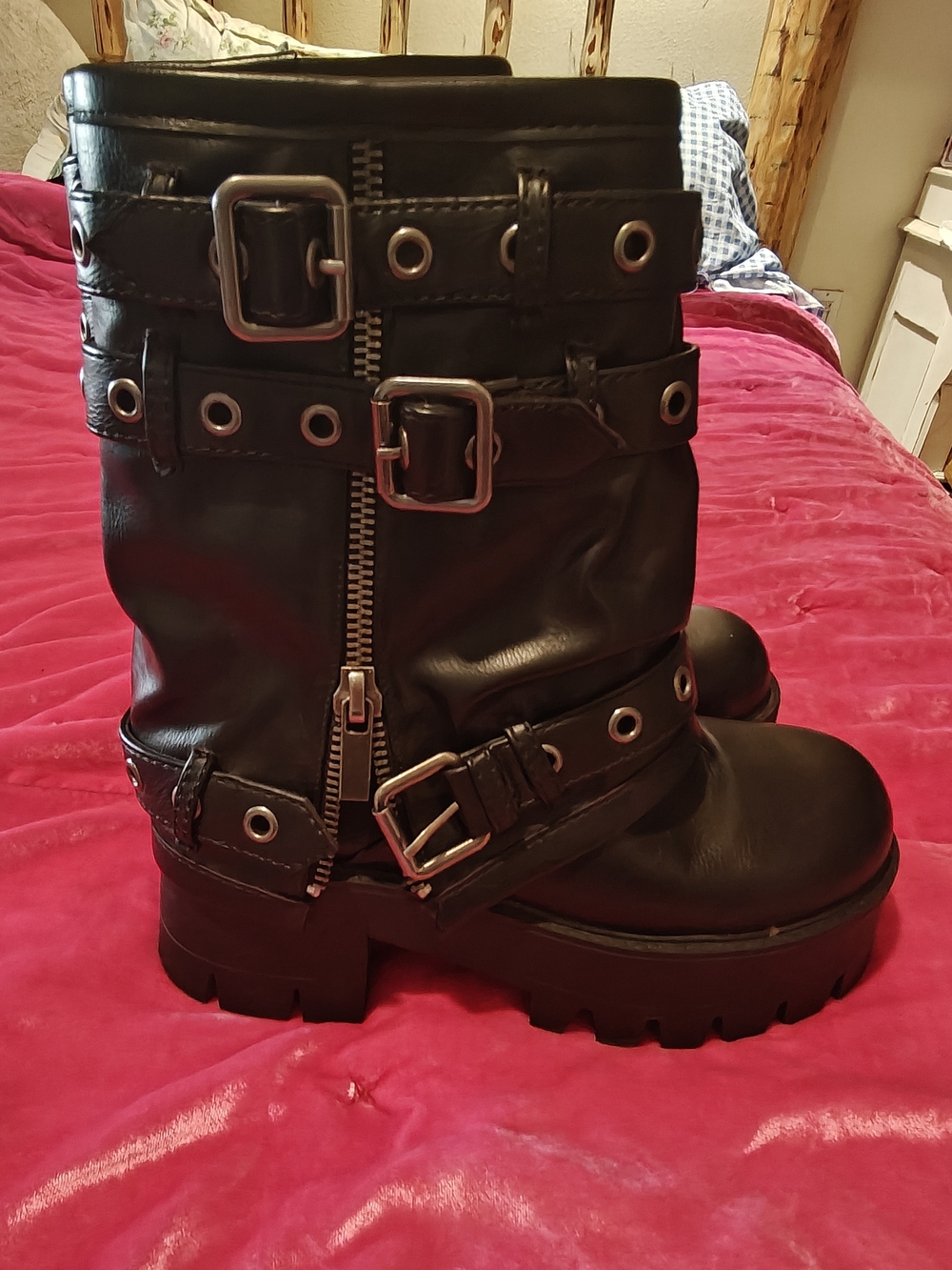 Dolls Kill Black Fold Over Buckle Biker Boots - Women9